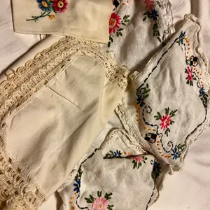 Brightly Embroidered Set of Three, Needlepoint Napkin and Crochet Lace Trim Runner
