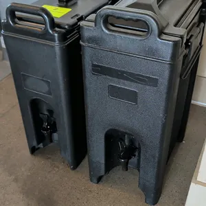 Insulated beverage dispensers. Features black molded construction, front dispensing spigots, molded-in carry handles, and latching lids. Includes (1) 
