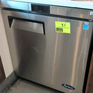 2022 Atosa MGF8401GR undercounter refrigerator. Stainless steel single solid door design with recessed handle, digital temperature display, and (1) in