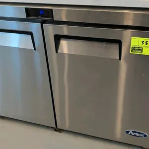 2022 Atosa MGF8402GR 2-door undercounter refrigerator. Features stainless steel exterior, recessed handles, digital temperature display, and interior 