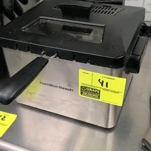 Hamilton Beach electric countertop deep fryer. Features stainless steel housing, adjustable temperature control up to 375°F, lid with viewing window, 