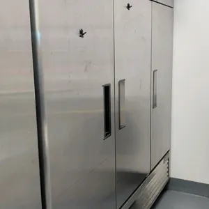 2022 Atosa MBF8508GR 3-door reach-in refrigerator. Features stainless steel exterior, 3 solid hinged doors with recessed handles, and adjustable wire 