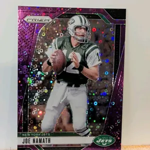 A 2024 Panini Prizm Joe Namath Purple Pulsar Trading Card. (Panini, 2024) Card No. 228 featuring New York Jets Hall of Fame quarterback Joe Namath. Th
