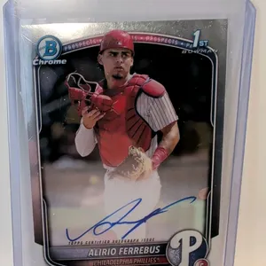 An Alirio Ferrebus 2025 Bowman Chrome Prospects Autograph Card. (Topps, 2025) A 1st Bowman Prospects autographed trading card featuring Philadelphia P