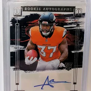 An Audric Estime Rookie Autograph Card. (Panini, 2024) A 2024 Panini Impeccable Football rookie autograph card featuring Denver Broncos running back A
