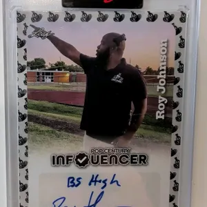 A Roy Johnson Signed "Pop Century Influencer" Trading Card. (Leaf, 2023) Card #IA-21 featuring a hand-signed signature in blue ink with "BS High" insc