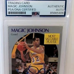 A Magic Johnson Signed 1990 NBA Hoops Trading Card. (NBA Hoops, 1990) Card #157 Most Valuable Player featuring Earvin "Magic" Johnson of the Los Angel