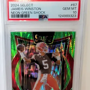 A 2024 Panini Select Jameis Winston Neon Green Shock Trading Card. (Panini, 2024) Card #67 from the Concourse subset featuring Cleveland Browns quarte