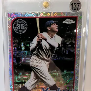 A 2024 Topps Chrome 35th Anniversary Babe Ruth Trading Card. (Topps, 2024) A 1989 Topps design tribute card featuring Babe Ruth of the New York Yankee