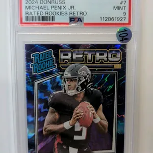 A 2024 Donruss Rated Rookies Retro #7 Michael Penix Jr. Trading Card. (Panini, 2024) Featuring Atlanta Falcons quarterback Michael Penix Jr. Graded PS