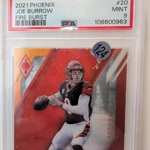 A 2021 Panini Phoenix Fire Burst Joe Burrow #20 Football Card. (Panini, 2021) A Panini Phoenix Fire Burst parallel card featuring Cincinnati Bengals q