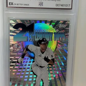 A 1999 Topps 21st Century Derek Jeter Trading Card #C3. (Topps, 1999) Featuring a holographic finish and New York Yankees branding. The card is encaps