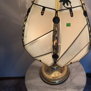 Brass Touch Lamp With Marble Top Table 15" Diameter Top, 18" T
