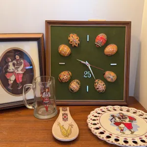 Ukrainian Folk Art Lot with Pysanky Egg Clock, Plate, Mug, Spoon Rest, and Print