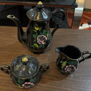 Japanese Black Porcelain 3 Piece Tea Set with Handpainted Floral Design