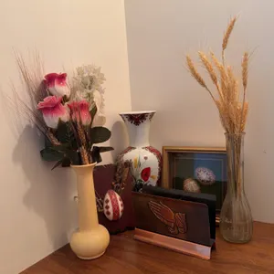 Decor Lot with Coppercraft Guild Mail Holder, Vases, and Framed Decorative Eggs