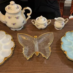 Milk Glass Dishes and RSW Japan Tea Set, 7 Pieces