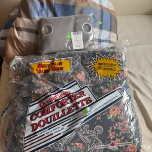 Queen Size Reversible Comforter and Nicetown 42x45" Grey Pair of Curtain Panels