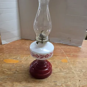 Vintage red and white milk glass oil lamp- with chimney