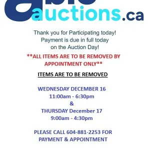 All items must be removed by Wed Dec 16 11am - 6:30pm & Thurs Dec 17 9AM - 4:30 pm by appointment