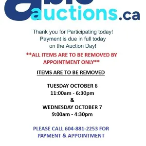 Removal is by appointment only. Tues Oct 6th 11am-6:30pm & Wed Oct 7th 9am-4:30pm
