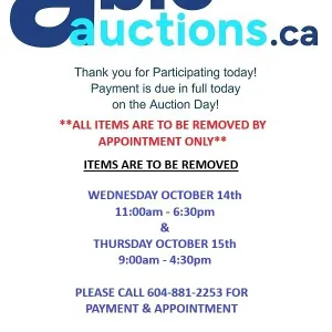 Removal is by appointment only. Wed Oct 14th 11am-6:30pm & Thurs Oct 15th 9am-4:30pm