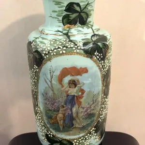 Antique Green Hand-Blown Glass Vase 12.5”