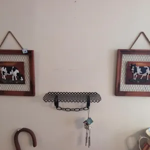2 cow pictures, metal shelf, chimes