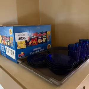 Box of Bakeware, Cookware and Small Set of Glass Plates and Cups