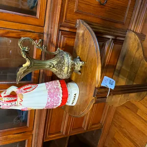 Wooden Side Table, Metaxa Ceramic Statue and Brass Decorative Pitcher