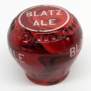 RED SLAG GLASS BALL TAP KNOB HANDLE BLATZ ALE BEER MILWAUKEE WISCONSIN (NEWMAN) (GLOWS UNDER BLACK LIGHT)