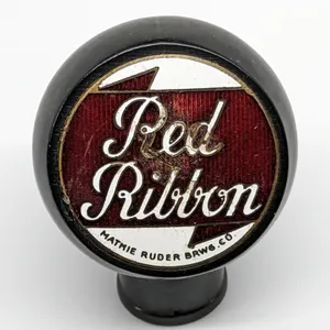 BALL TAP KNOB HANDLE RED RIBBON BEER MATHIE RUDER BREWING WAUSAU WISCONSIN