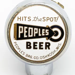 BALL TAP KNOB HANDLE PEOPLES BEER HITS THE SPOT HOLIDAY LABEL OSHKOSH WISCONSIN (ROBBINS)