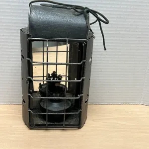 Vintage Metal Oil Lantern w/ Protective Cage – Industrial Railroad Style Lamp