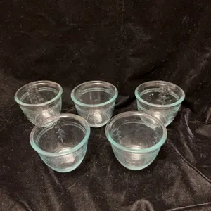 5 Fire-King Clear Glass 4 Oz Custard Cups With Decorative Band, 2 Inch Height, 3.25 Inch Diameter