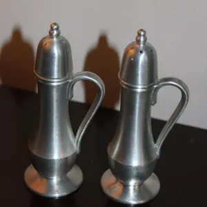 Vintage Pewter Salt & Pepper Shakers Handled Cruet Style Pair