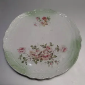 Decorative Porcelain Plate with Raised Scrollwork and Pink Floral Pattern, Green Ombre Border, Scall