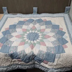 Handmade Patchwork Quilt with Blue and Pink Floral Motif and Hanging Tabs, Traditional Style Textile