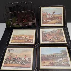 5 Shayer’s English Fox Hunting Cork-Backed Coasters with Metal Floral Holder, Hunting Scenes Art