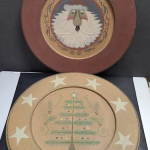 Two Hand-Painted Resin Decorative Plates With Santa and Christmas Tree Holiday Motifs, Resin Materia