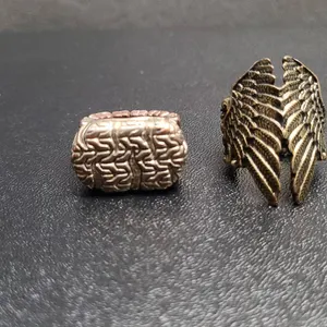 Metal Statement Rings Featuring Brain and Wing Designs, Unmarked, Sculptural Jewelry Set, Size Adjus