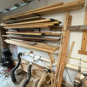 Assorted Hardwood & Lumber with Wall Storage Racks