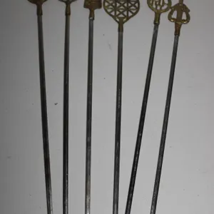 6 Decorative Brass and Steel Skewers with Ornate Symbolic Tops, See Photos for Measurements, Unmarke
