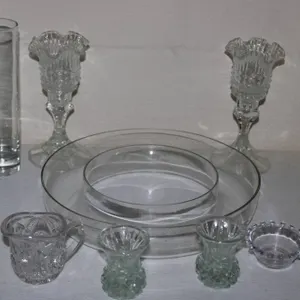 Clear Glass Tableware and Decor including Plates, Candle Holders, Creamer, and Vases (See Photos for