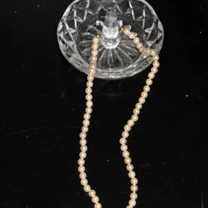 Cultured Pearl Strand Necklace With Gold-Tone Filigree Clasp and Clear Patterned Glass Ring Holder D