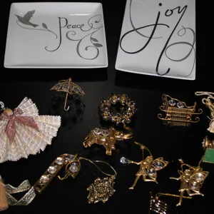 Holiday Decor Lot with Two Porcelain Trays and Assorted Crystal-Accented Ornaments and Pins, See Pho