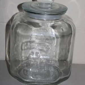 Clear Glass Counter Jar With Embossed "Salted Peanuts" Panels and Matching Lid, See Photos for Measu