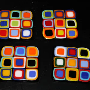 Four Multicolor Fused Glass Square Coasters With Raised Geometric Pattern and Protective Feet