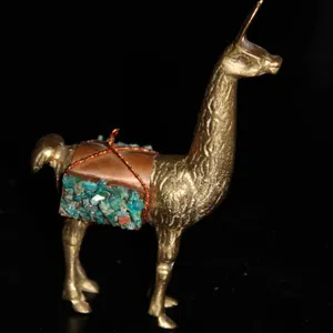 Brass Llama Figurine with Turquoise-Style Stone Accents and Copper Pack Saddle Decoration, See Photo