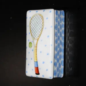 Handpainted Porcelain Box Featuring Tennis Racket and Ball, Signed by Artist Ann Marie Murray, USA-M